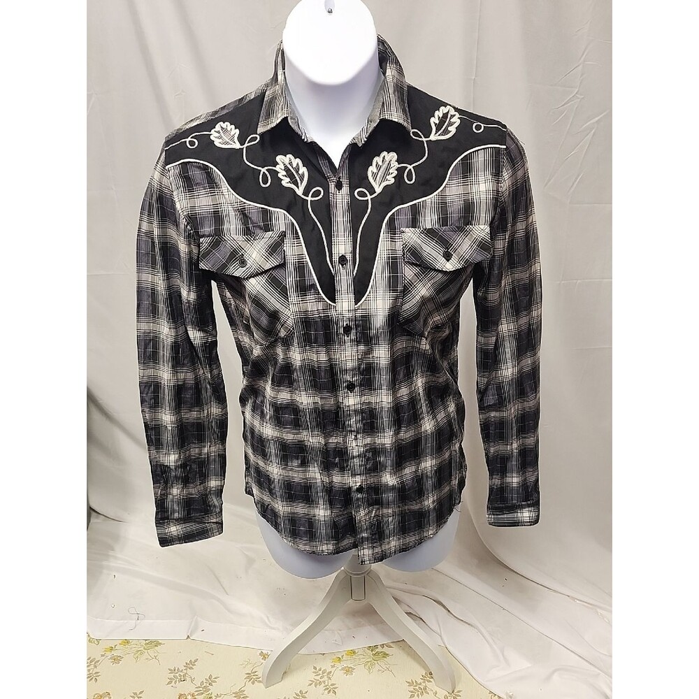 Outlander Navy Blue Black & White Plaid Western Shirt Embroidered Yoke SZ LG